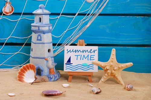 лето, пляж, отдых, песок, игрушечная башня, морская звезда, сувениры, голубые, бежевые