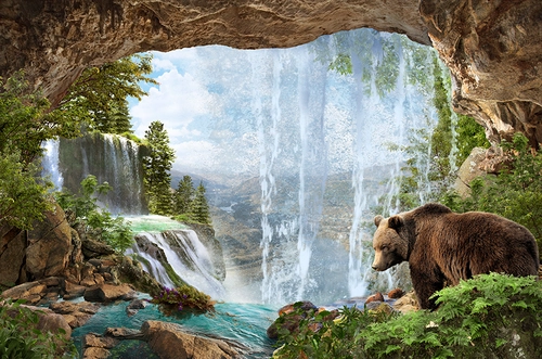 лес, обрыв, гора, горы, водопад, медведь, животные, зелень, растительность, зеленые, бежевые