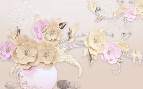 3D фон, современные рельефные цветы, бежевые, белые, для спальни
