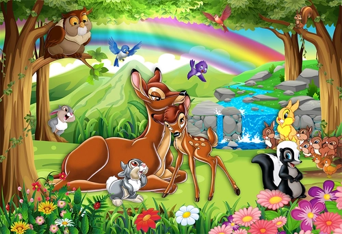 детские, бемби, олени, радуга, деревья, поляна, цветы, река, зайцы, птицы, зелёные, коричневые